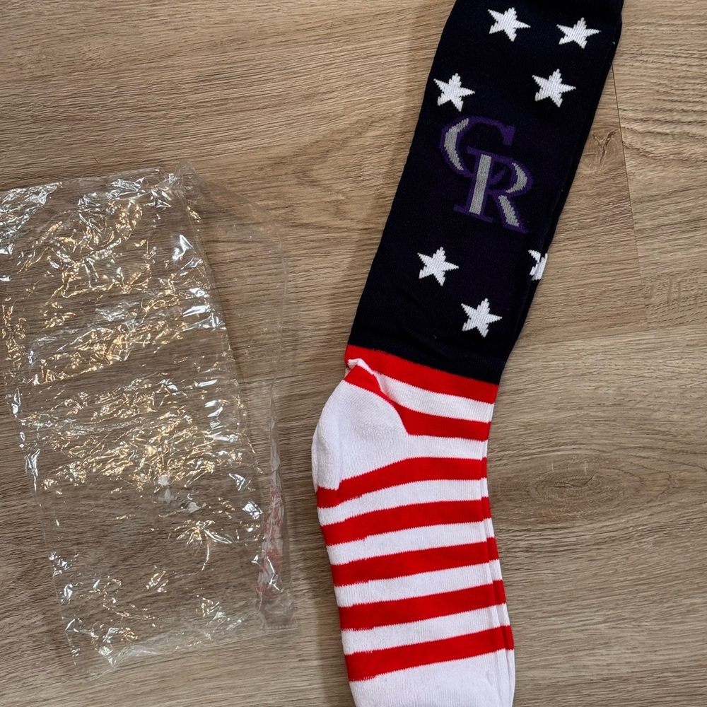 Colorado Rockies Stars Stripes Game Giveaway Socks Blue Red White Purple Logo
